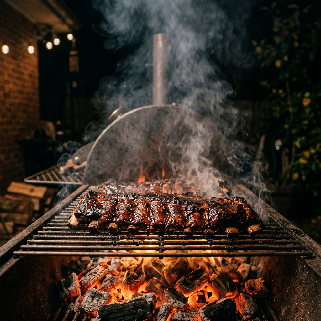 Juicy BBQ ribs on a smoking grill